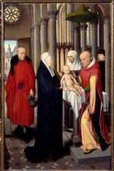 Triptyk av tillbedjan av männen. Detalj av den högra panelen: Presentation vid templet. Detrempe på trä av Hans Memling (1433-1494), ca 1470. Madrid. Pradomuseet