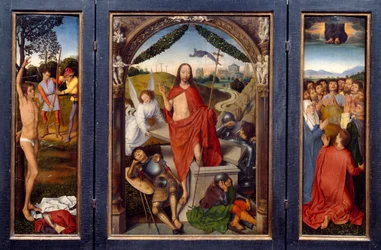 Uppståndelsens triptyk. Till vänster: San Sebastians martyrskap. Höger: Kristi himmelsfärd. I centrum uppståndelsen. Målning av Hans Memling (1435-1494) Ec. Flam.