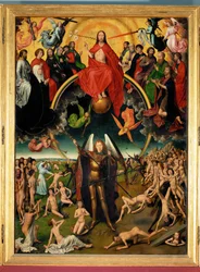 Triptyk med den yttersta domen, mitt på tavlan: Dom och själarnas vägning (triptyk på pannå)