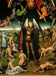 Triptyk med den yttersta domen: detalj från mittpanelen: Ärkeängeln Mikael (triptyk på panel)