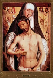 Jungfru och döde Kristus Målning av Hans Memling (1435/40-1494) 1480 Dim 52x36 cm Granada, Kungliga kapellet
