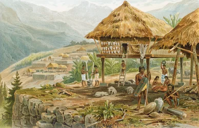 Igorrote-gård på Luzon, Filippinerna, ur «Mänsklighetens historia», band 1, av professor Friedrich Ratzel, 1896