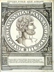 Aelius Hadrianus, illustration från de romerska kejsarna i hela öst och väst, de sannaste bilderna av antika mynt, träsnitt av Rudolph Wyssenbach, tryckt av Andreas Gesner, Zuri
