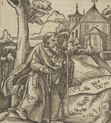 En gammal pilgrim som går till höger, från Hymmelwagen auff dem, wer wol Leben..., 1517.