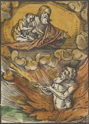 Den rike mannen i helvetet och den fattige Lasarus i Abrahams knä, från Das Plenarium, 1517.