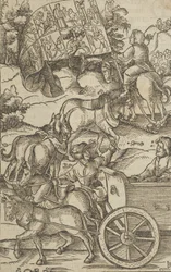 Den dygdige mannen på en vagn på väg till himlen, från Hymmelwagen auff dem, wer wol leb..., 1517.