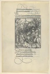 Unfalo får Theuerdanck att falla i en fälla under en jakt, från Theuerdanck, 1517.