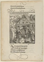 Uppmanad av Fürwittig, Theuerdanck försöker manipulera en polerande sten, från Theuerdanck,..., 1517.