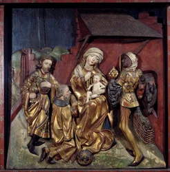 Tillbedjan av Magi Relief på polykromt guldträ av Hans Schuechlin (1440-1505)