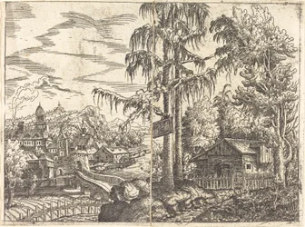 Landskap med utsikt över en bondstuga och en stad nära en flod, 1551.