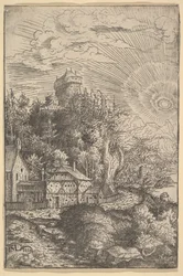 Landskap med ett slott uppflugen på en klippa, 1553.