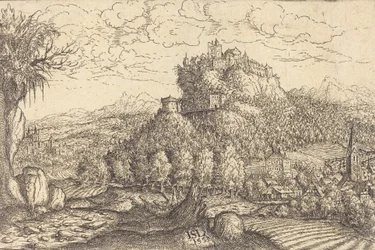 Landskap med ett slott i centrum, 1553.