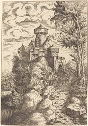 Landskap med fästning och stor trappa, 1554.