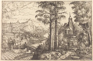 Utsikt över en stad nära en flod med en kyrka till höger, 1553.
