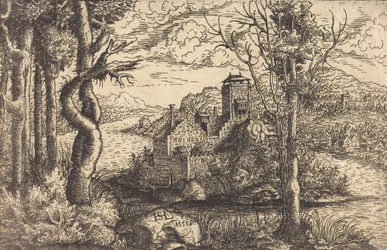 Utsikt över en flod med ett slott på en ö, 1553.
