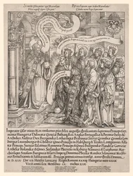 Kejsaren Maximilian presenterad av sina skyddshelgon till den Allsmäktige, 1519.