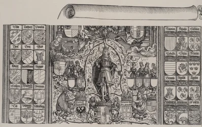 Den övre delen av Maximilians släktforskning, med den högra kanten av rullen för ..., 1515.