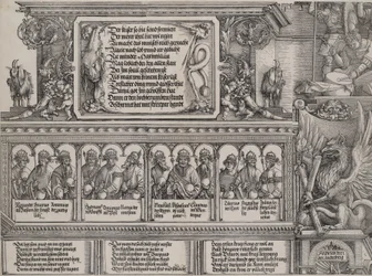 Den vänstra portalens övre sektion, med inskriften på ett lejonskinn, en fris med B..., 1515.