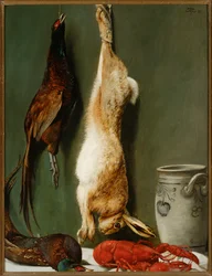 Stilleben: hare, fasaner, hummer och kanna