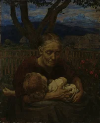 Mor och barn i en trädgård
