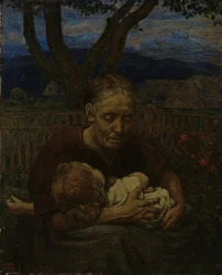 Mor och barn i en trädgård