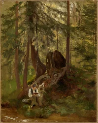 Skogsinteriör med läsande pojke