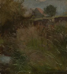 Äng, med en bondgård i bakgrunden