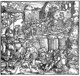 Belägring av en fästning. Illustration från boken Phisicke Against Fortune av Petrarch, 1532