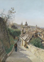 Utsikt över Salzburgs gamla stad från Nonnbergstiege