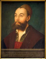 Porträtt av bankiren Anton Fugger (1493-1560) (i texten: representativ som han var vid en ålder av 31 år och 10 månader) - Målning av Hans Maler dit de Schwaz (1480-1526 eller 1529), olja på duk, cirka 1525 - Tysk konst 1500-talet - Musee des Beaux A