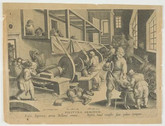 Politura Armorum, Polishing Arms, skylt 17 från serien Nova Reperta, Modern Discoveries, c.1588 (gravyr )