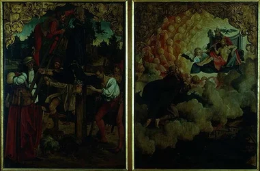 Berättelser om S.S. Petrus och Paulus altartavla: detalj som visar Petrus korsfästelse i LtoR och Paulus uppstigning till himlen (olja på panel) (detalj)