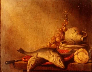 En kastrull med fisk, en stengodskanna, lök och frukt
