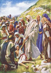 Jesus helar den lille pojken, illustration från Harold Copping Pictures: The Crown Series, ca 1920-talet