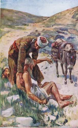 The good Samaritan, illustration från Harold Copping Pictures: The Crown Series, ca 1920-talet
