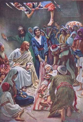 Mannen släppte ner genom taket, illustration från Harold Copping Pictures: The Crown Series, ca 1920-talet