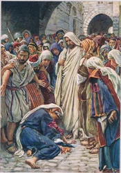 Kvinnan som rörde vid fållen på hans klädnad, illustration ur ”Women of the Bible”, utgiven av The Religious Tract Society