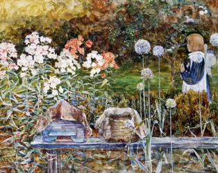 Nära Exeter. En liten flicka går genom en blomsterträdgård med en katt i famnen. Målning av Harold Sutton Palmer (1854-1933 brittisk) Privat samling
