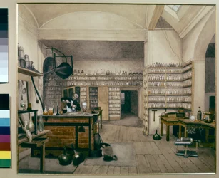 Michael Faraday i arbete i sitt laboratorium i Royal Institute