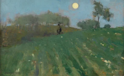 Ut på promenad, fullmåne (olja på panel)