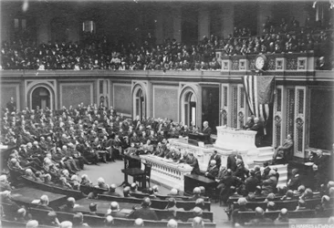 President Woodrow Wilson talar till kongressen, ca 1917 (s/v foto)