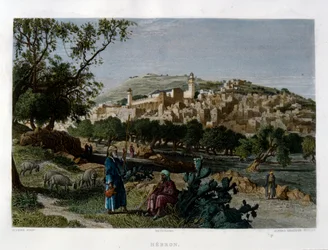 Hebron, graverad av Alfred Krausse efter en bild av Harry Fenn, publicerad i Picturesque Palestine, omkring 1875