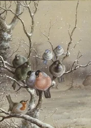 Fåglar på en snöig gren