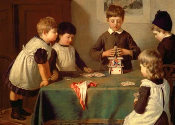Ett kritiskt ögonblick, detalj av barn som bygger ett korthus