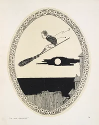 "Om jag hade en kvast". Illustration till en dikt av Patrick R. Chalmers. En pojke på en kvast