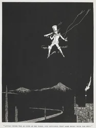 "Lilla tummen var lika bra som hans ord, och återvände samma natt med nyheterna." En budbärare som flyger genom natthimlen. Illustration till berättelsen, "lilla tummen."
