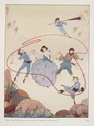 "De kommer att få sagolandets riken att dansa med förtjusning". Illustration till Alms in höst av Rose Fyleman. Figurer som dansar i luften.
