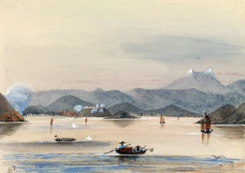 "HMS Tribune tar sig fram på Chuenpee-floden i Kanton (Kina), med roddbåtar och kinesiska junkar