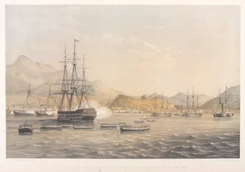 Britternas intagande av ön Chusan, 5 juli 1840 (färgad litografi)
