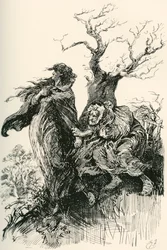 Alice Brown och hennes mamma. "Efter någon kvarts gång vågade den gamla kvinnan, utmattad och andfådd, hålla i kjolarna, men hon vågade inte mer, och de reste tysta vidare genom väta och dyster." Illustration av Harry Furni